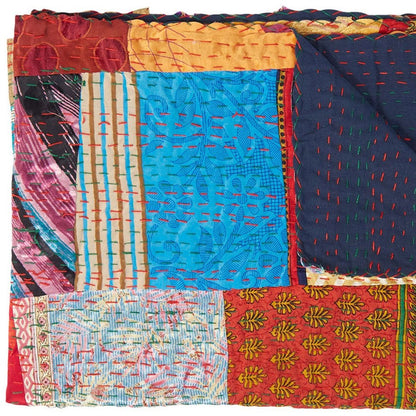 50" X 70" Blue Red And Yellow Patchwork Silk Quilted Kantha Throw Blanket with Embroidery HomeRoots