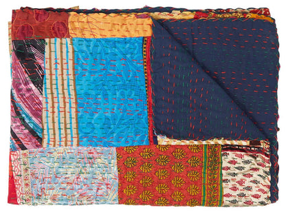 50" X 70" Blue Red And Yellow Patchwork Silk Quilted Kantha Throw Blanket with Embroidery HomeRoots