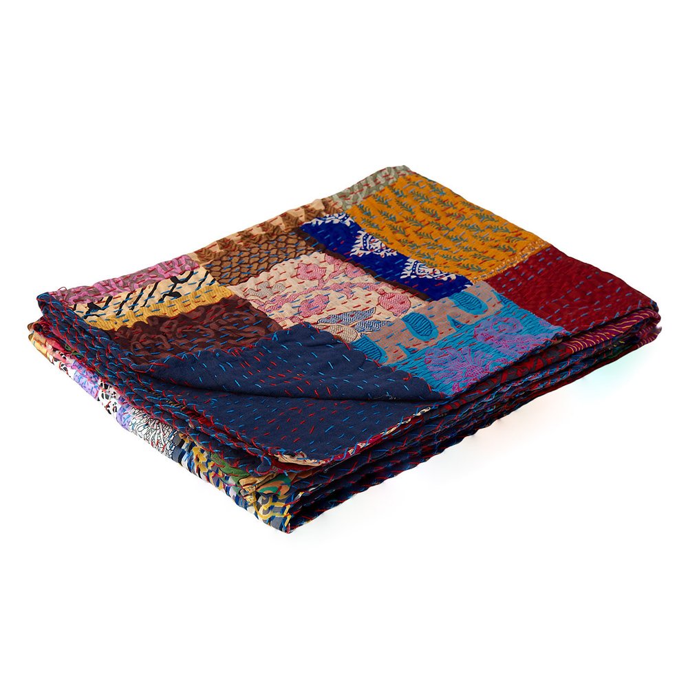 50" X 70" Blue Red And Yellow Patchwork Silk Quilted Kantha Throw Blanket with Embroidery HomeRoots