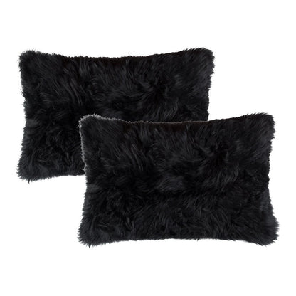 Set of Two 12" X 20" Black Sheepskin Lumbar Throw Pillows