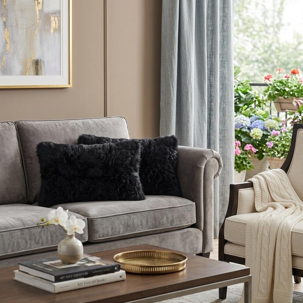 Set of Two 12" X 20" Black Sheepskin Lumbar Throw Pillows — view 8