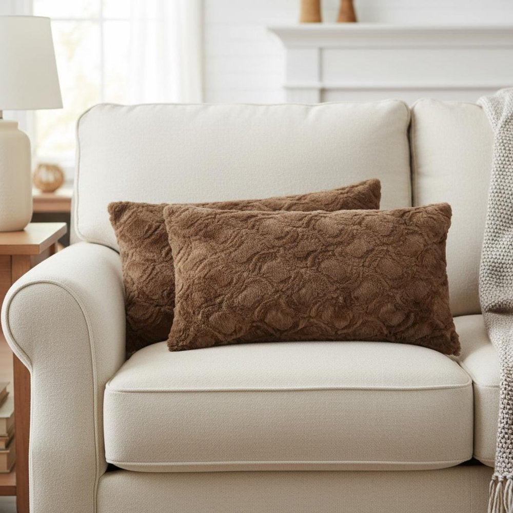 Set of Two 12" X 20" Brown Faux Fur Lumbar Throw Pillows — view 8