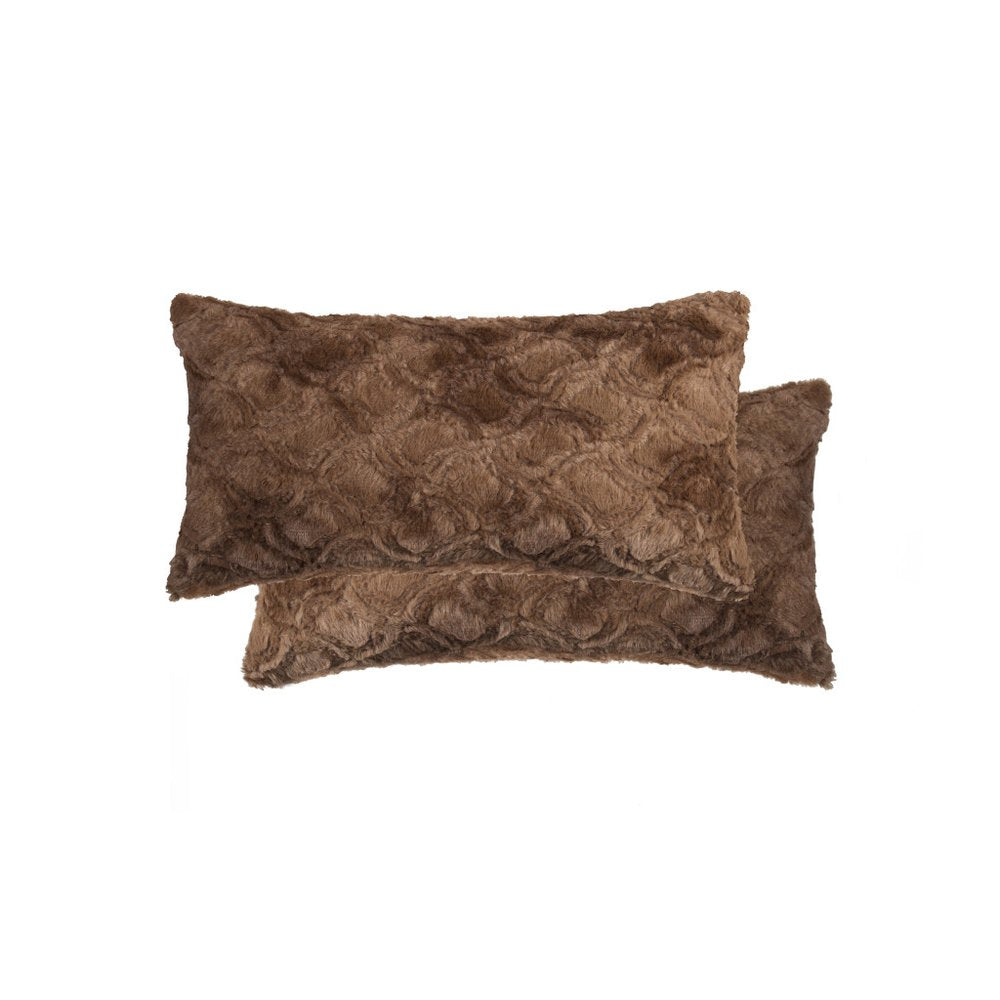 Set of Two 12" X 20" Brown Faux Fur Lumbar Throw Pillows — view 1