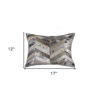 12" X 20" Gray and Silver Chevron Cowhide Lumbar Throw Pillow with Glitter HomeRoots