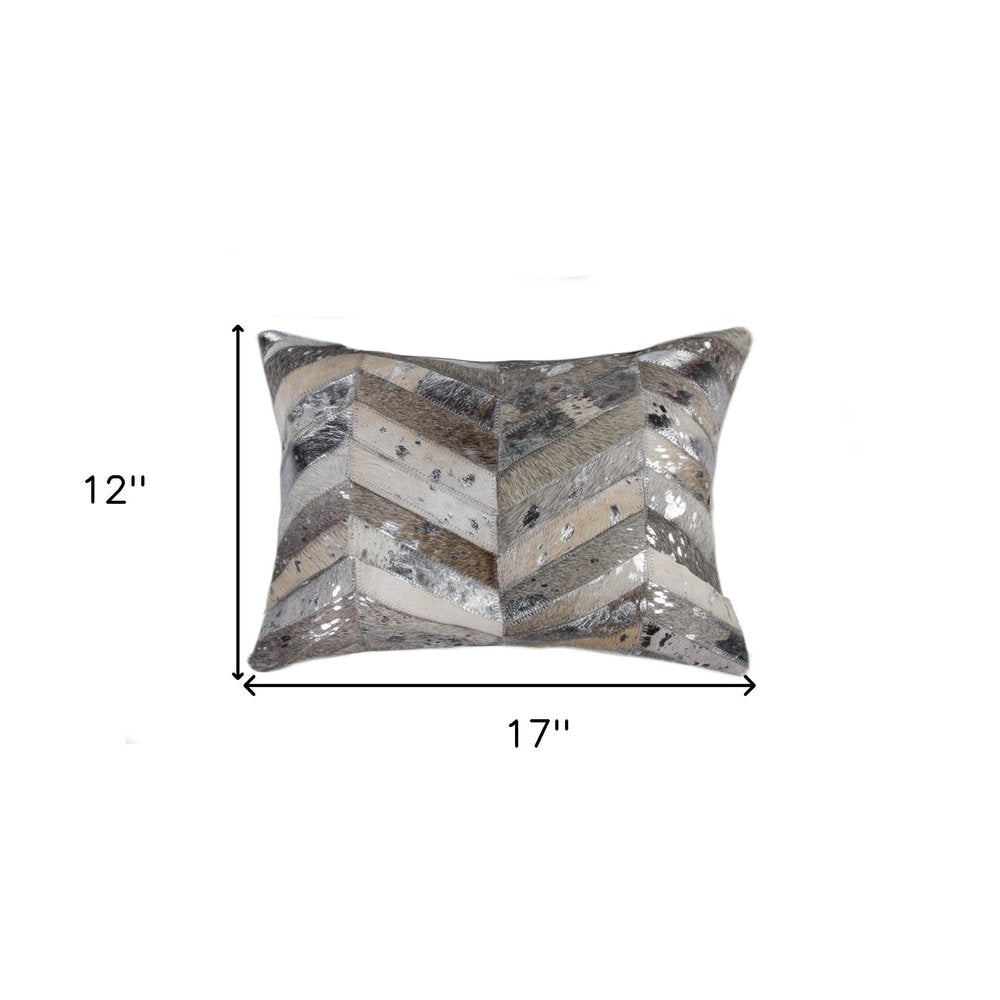 12" X 20" Gray and Silver Chevron Cowhide Lumbar Throw Pillow with Glitter — view 3