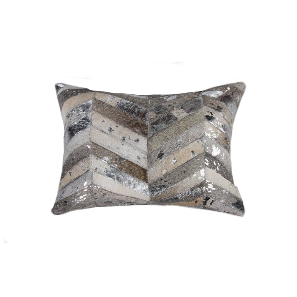 12" X 20" Gray and Silver Chevron Cowhide Lumbar Throw Pillow with Glitter HomeRoots