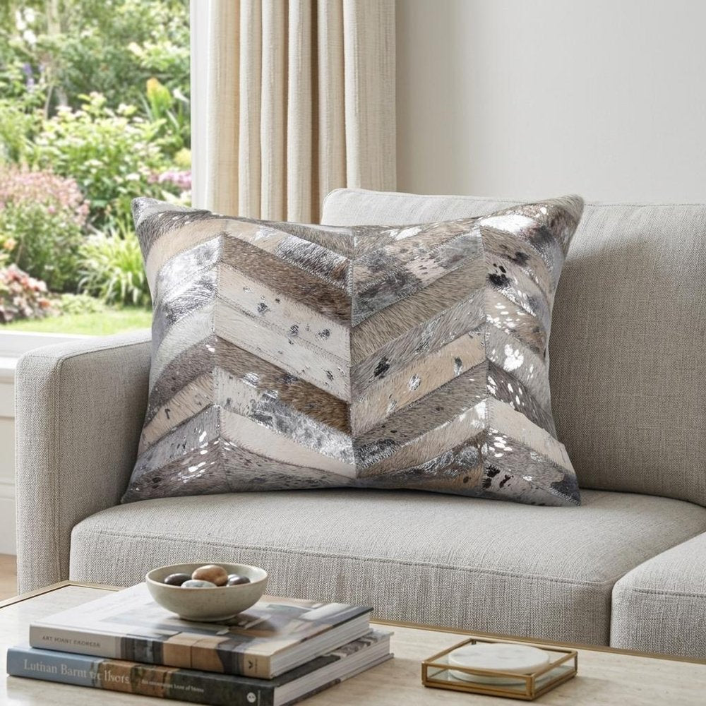 12" X 20" Gray and Silver Chevron Cowhide Lumbar Throw Pillow with Glitter — view 5