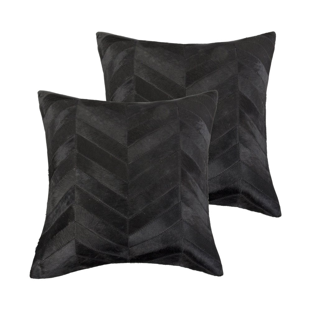 Set of Two 18" Black Chevron Cowhide Throw Pillows