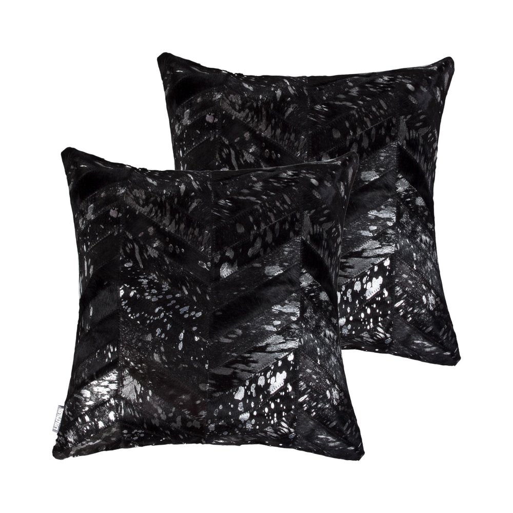 Set of Two 18" Black and Silver Chevron Cowhide Throw Pillows with Glitter — view 1