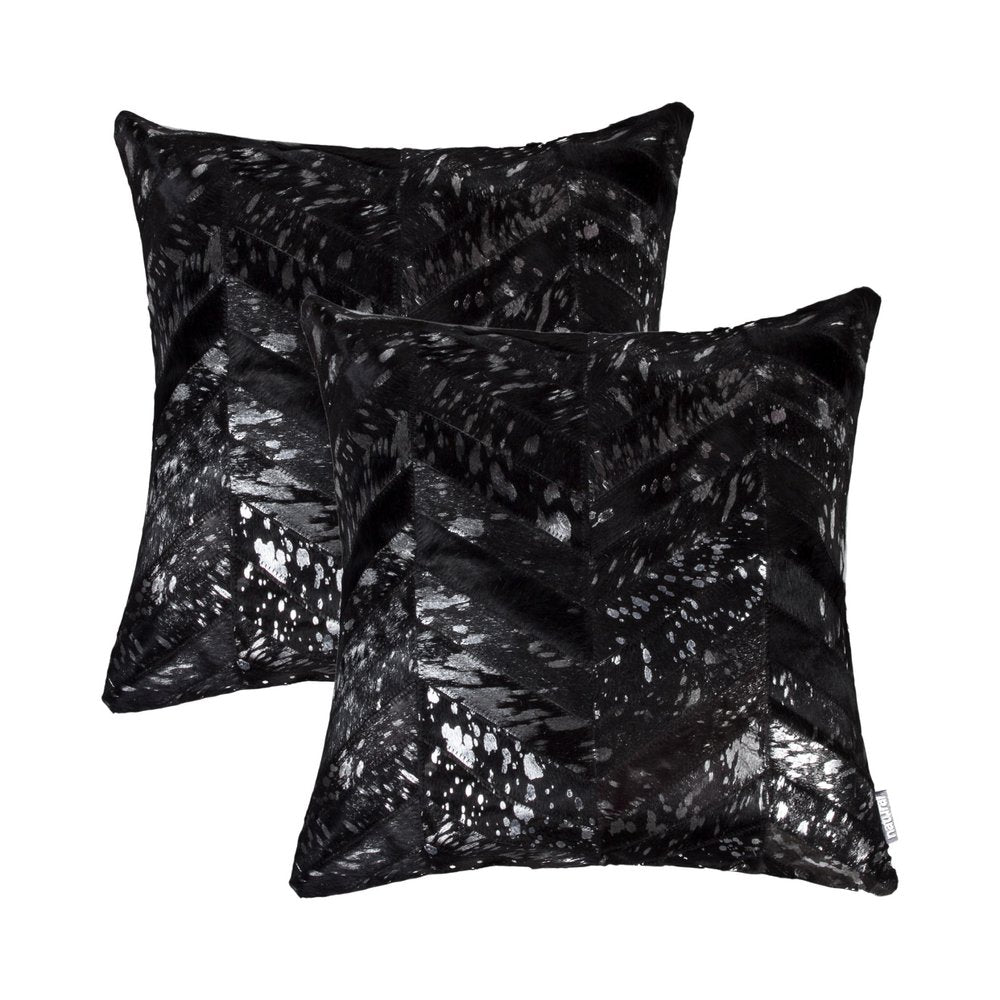 Set of Two 18" Black and Silver Chevron Cowhide Throw Pillows with Glitter — view 2