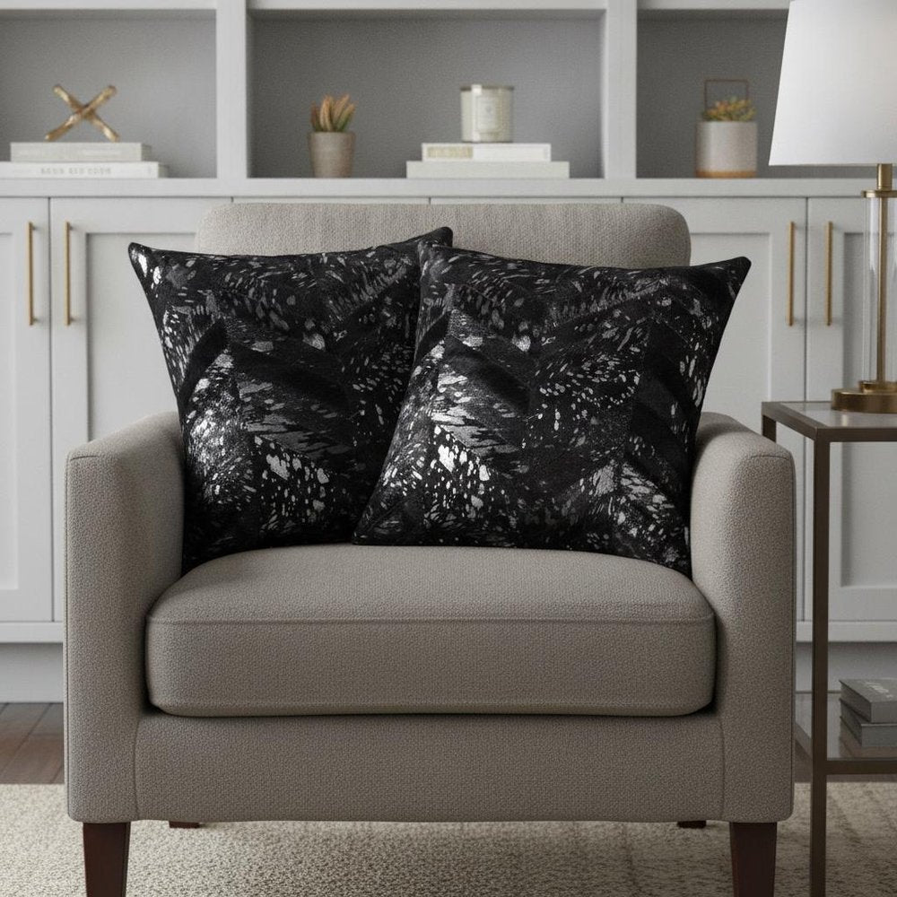 Set of Two 18" Black and Silver Chevron Cowhide Throw Pillows with Glitter — view 7