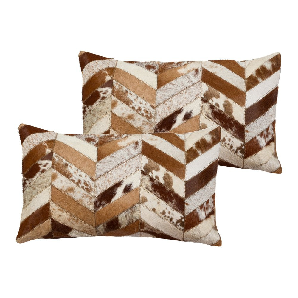 Set of Two 12" X 20" Brown and Natural Chevron Cowhide Lumbar Throw Pillows — view 3