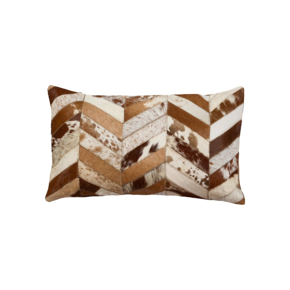 Set of Two 12" X 20" Brown and Natural Chevron Cowhide Lumbar Throw Pillows HomeRoots