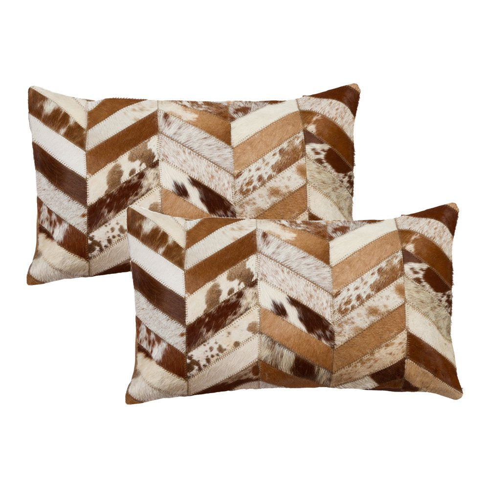Set of Two 12" X 20" Brown and Natural Chevron Cowhide Lumbar Throw Pillows HomeRoots