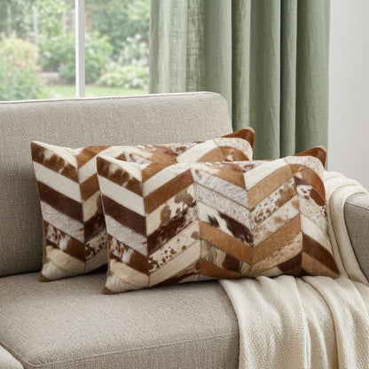 Set of Two 12" X 20" Brown and Natural Chevron Cowhide Lumbar Throw Pillows HomeRoots