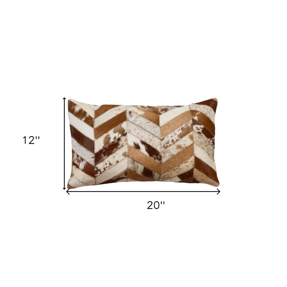 Set of Two 12" X 20" Brown and Natural Chevron Cowhide Lumbar Throw Pillows HomeRoots