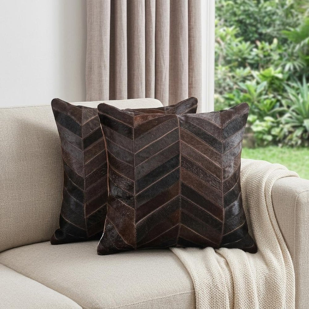 Set of Two 18" Chocolate Chevron Cowhide Throw Pillows — view 6