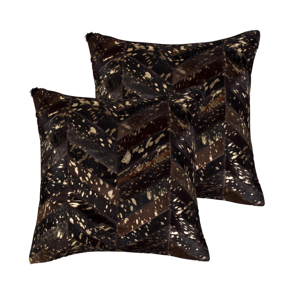 Set of Two 18" Chocolate and Gold Chevron Cowhide Throw Pillows with Glitter — view 1