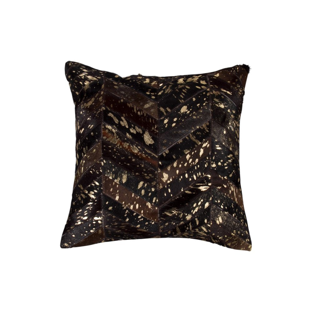 Set of Two 18" Chocolate and Gold Chevron Cowhide Throw Pillows with Glitter HomeRoots