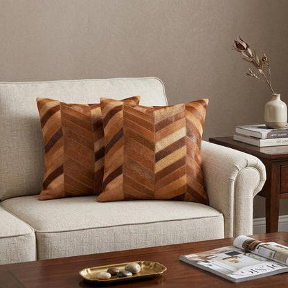 Set of Two 18" Tan Chevron Cowhide Throw Pillows