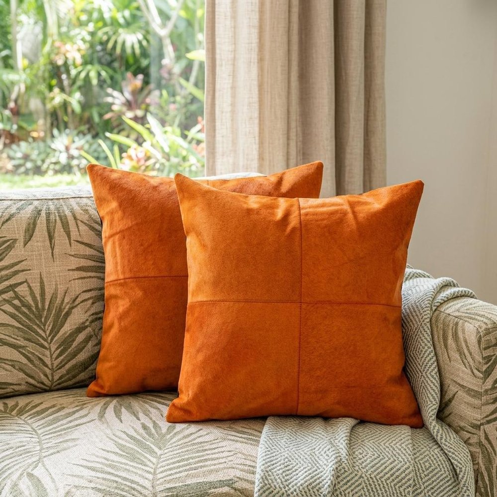 Set of Two 18" Orange Cowhide Throw Pillows — view 6