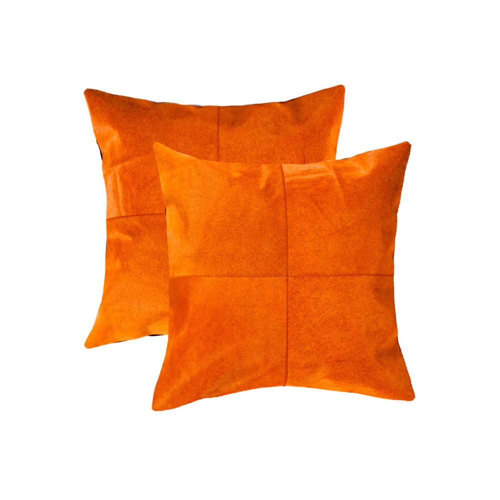 Set of Two 18" Orange Cowhide Throw Pillows