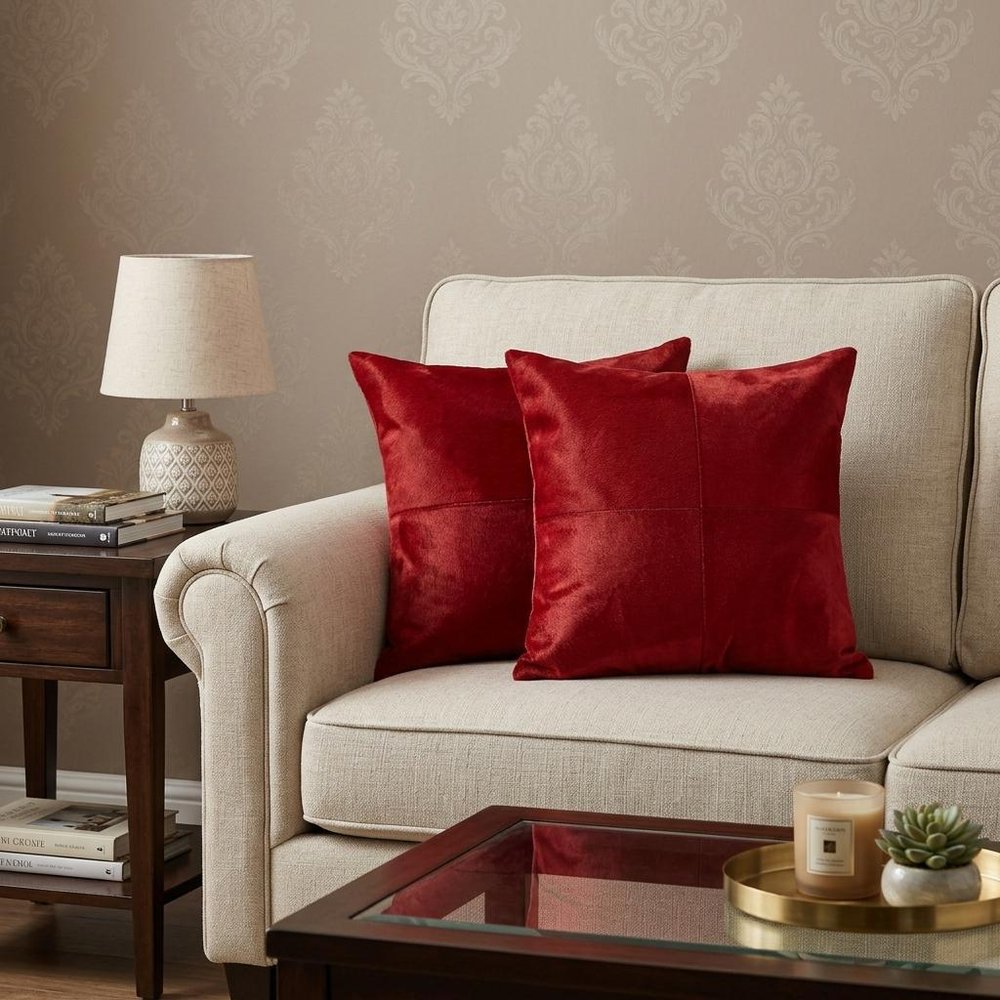 Set of Two 18" Red Cowhide Throw Pillows — view 7