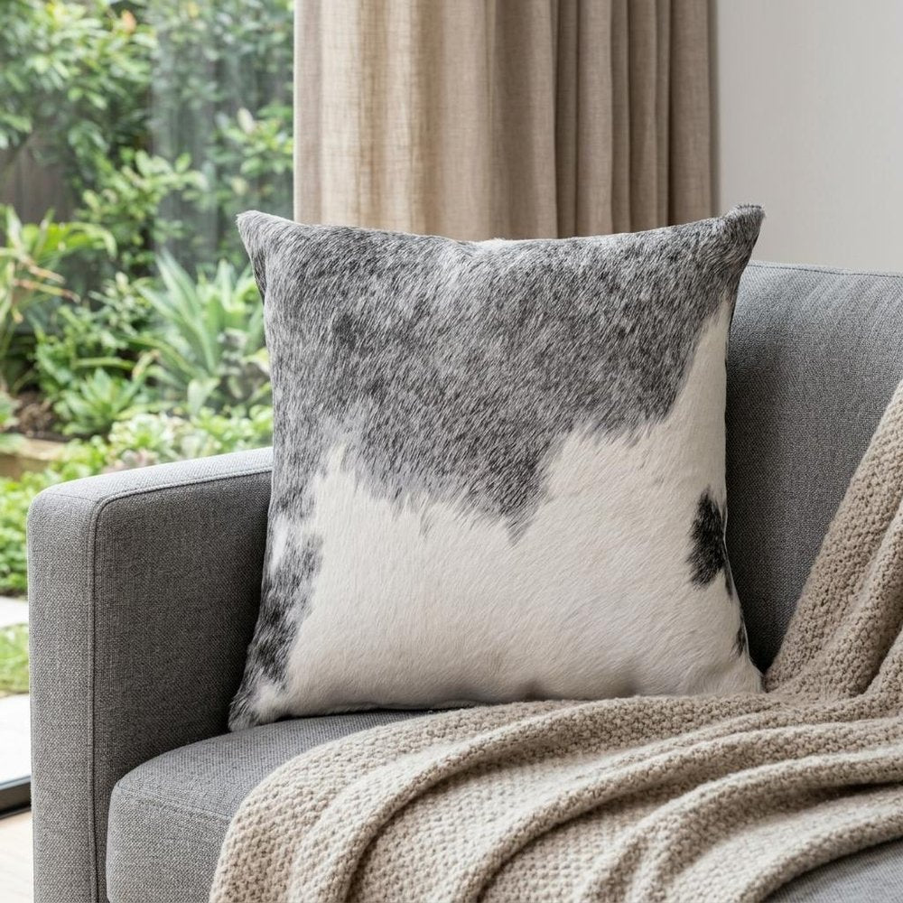 18" Gray and White Cowhide Throw Pillow — view 5