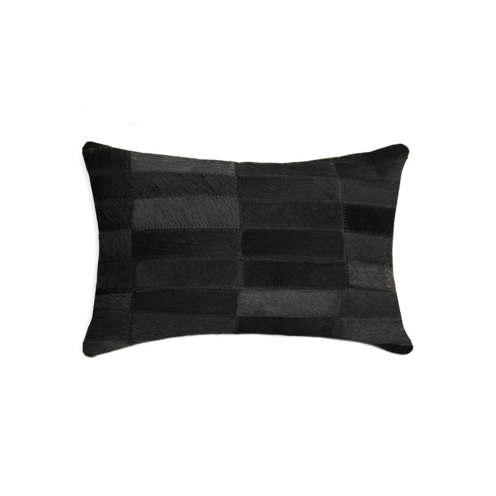 12" X 20" Black Patchwork Cowhide Lumbar Throw Pillow