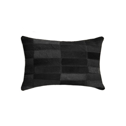 12" X 20" Black Patchwork Cowhide Lumbar Throw Pillow