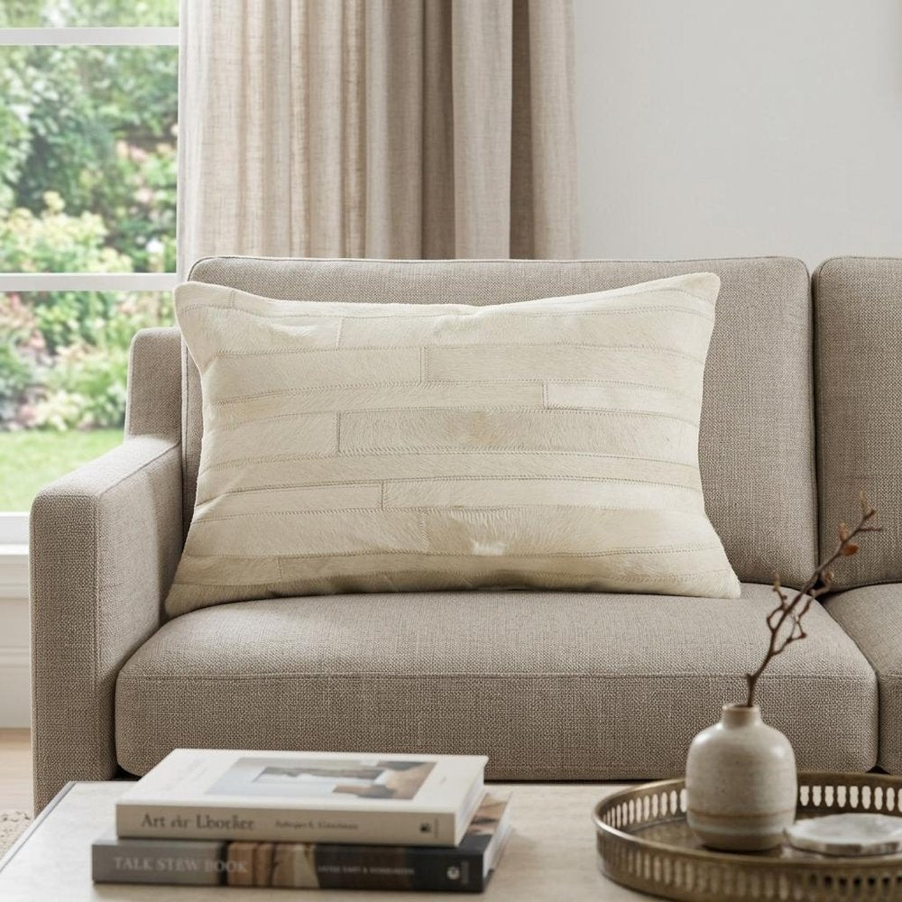 12" X 20" Off White Patchwork Cowhide Lumbar Throw Pillow — view 5