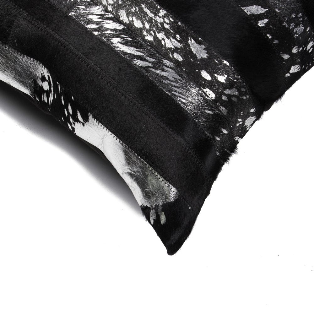 Set of Two 12" X 20" Black and Silver Striped Cowhide Lumbar Throw Pillows with Glitter