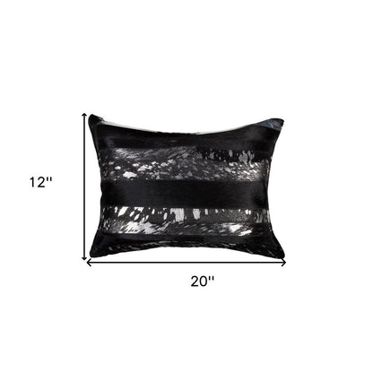 Set of Two 12" X 20" Black and Silver Striped Cowhide Lumbar Throw Pillows with Glitter