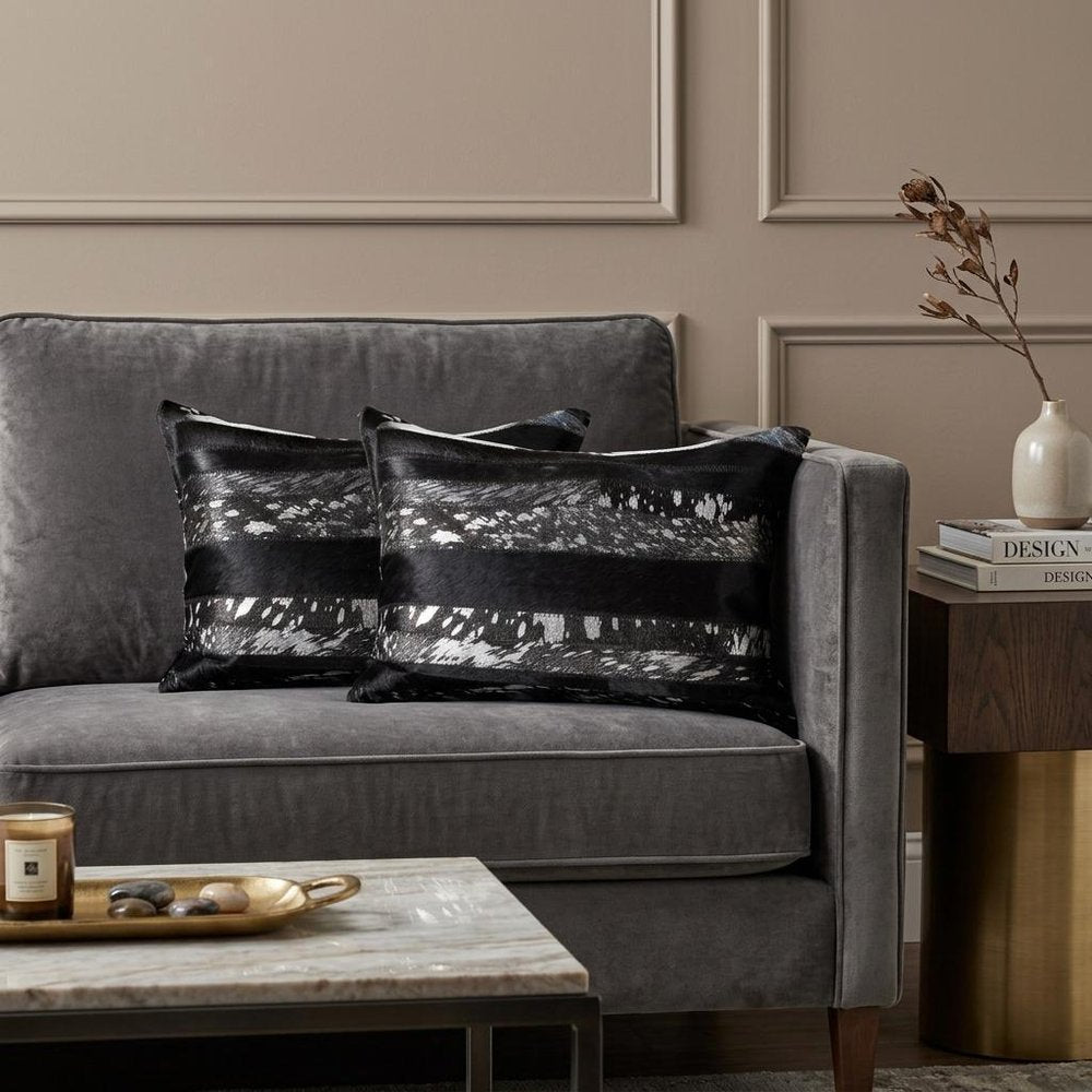 Set of Two 12" X 20" Black and Silver Striped Cowhide Lumbar Throw Pillows with Glitter — view 6