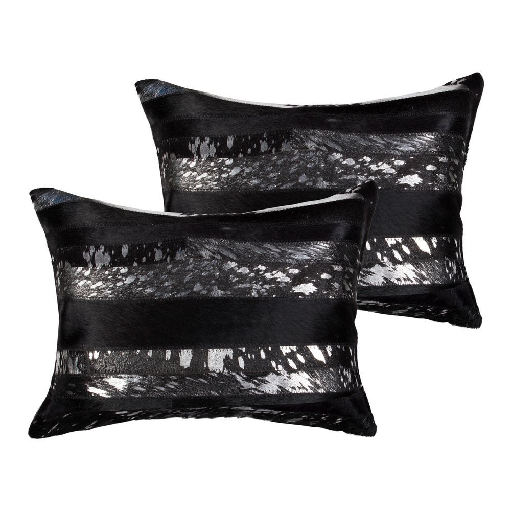 Set of Two 12" X 20" Black and Silver Striped Cowhide Lumbar Throw Pillows with Glitter — view 1