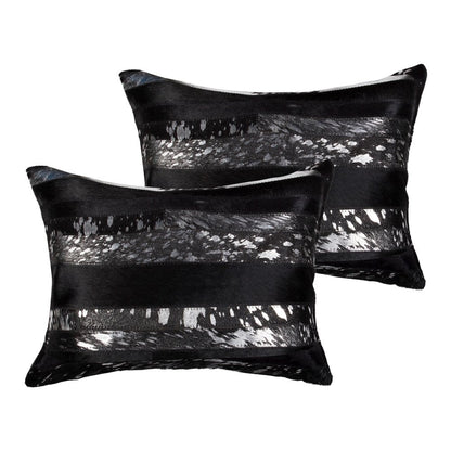 Set of Two 12" X 20" Black and Silver Striped Cowhide Lumbar Throw Pillows with Glitter