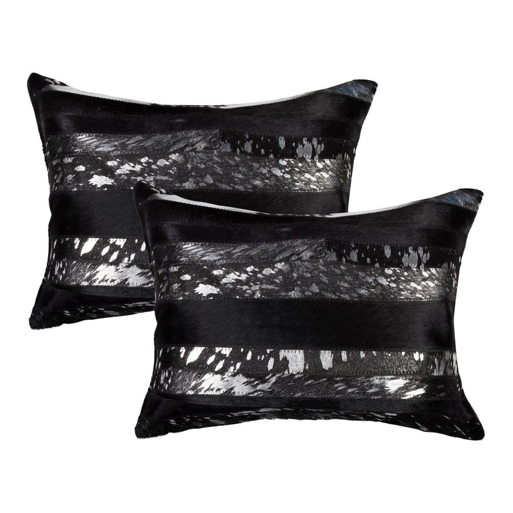Set of Two 12" X 20" Black and Silver Striped Cowhide Lumbar Throw Pillows with Glitter — view 3