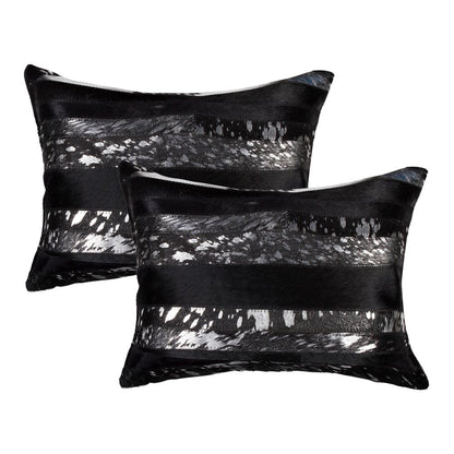 Set of Two 12" X 20" Black and Silver Striped Cowhide Lumbar Throw Pillows with Glitter