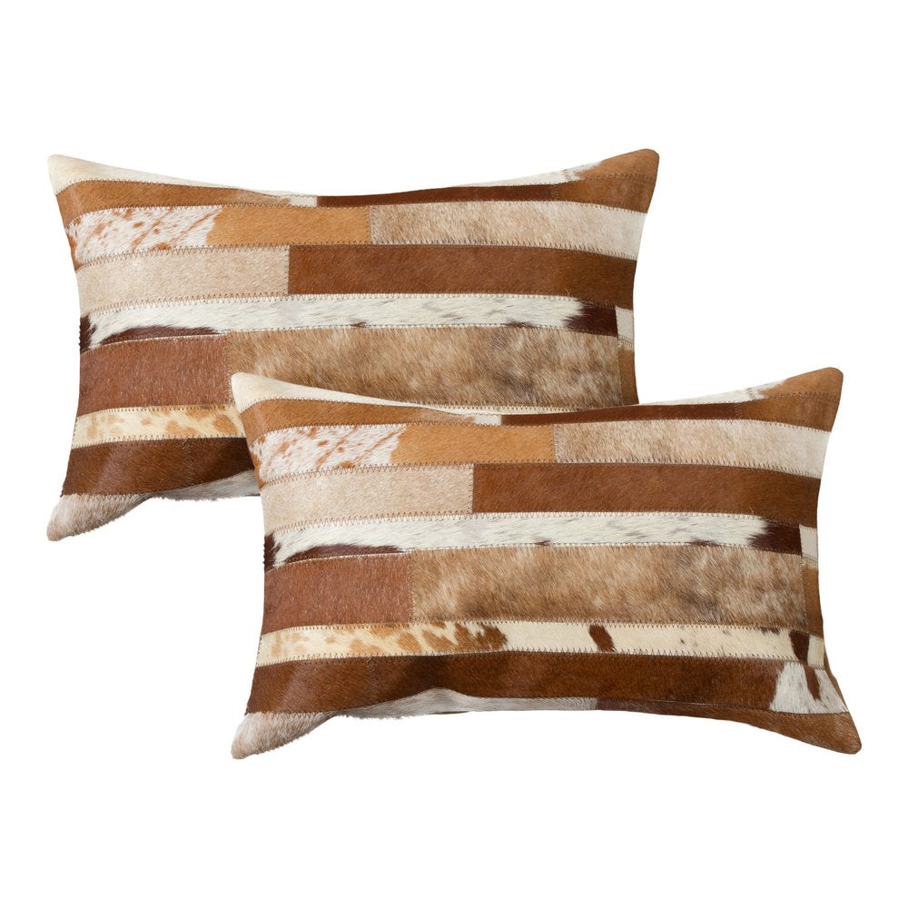 Set of Two 12" X 20" Brown and White Patchwork Cowhide Lumbar Throw Pillows — view 1