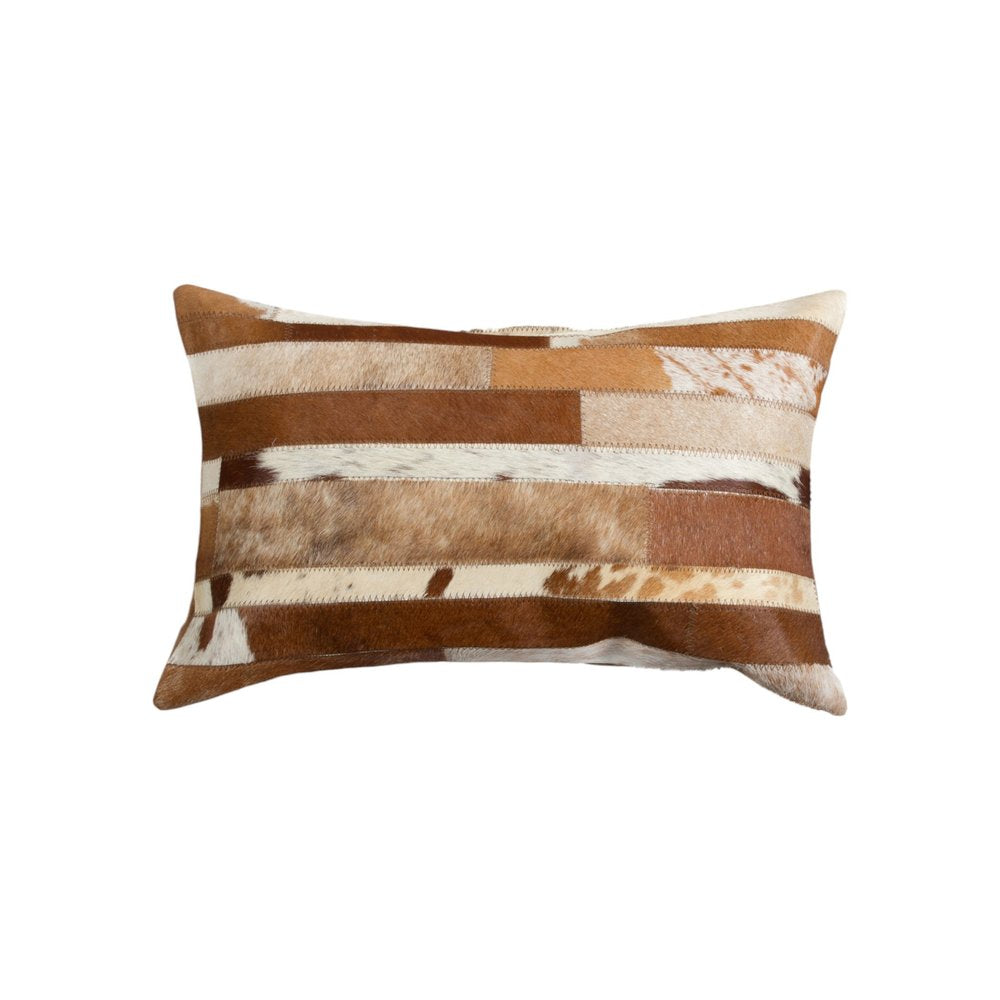 Set of Two 12" X 20" Brown and White Patchwork Cowhide Lumbar Throw Pillows — view 5