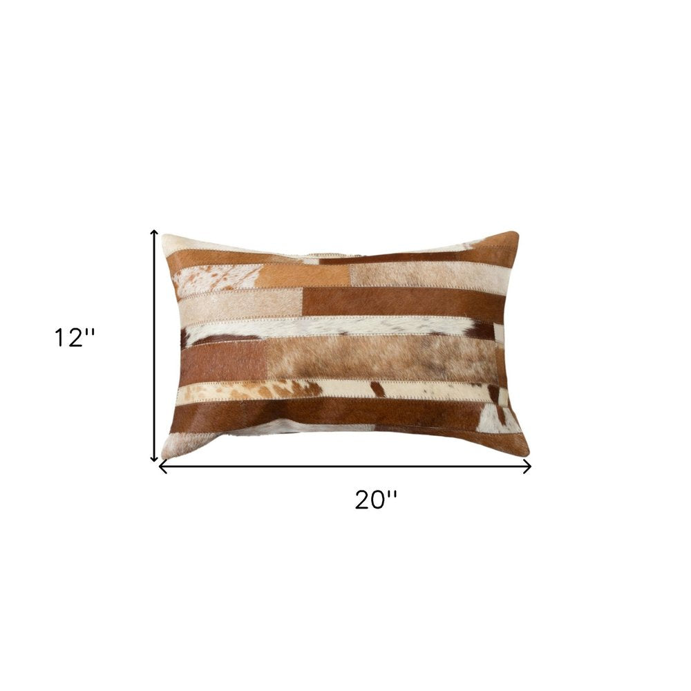 Set of Two 12" X 20" Brown and White Patchwork Cowhide Lumbar Throw Pillows — view 6