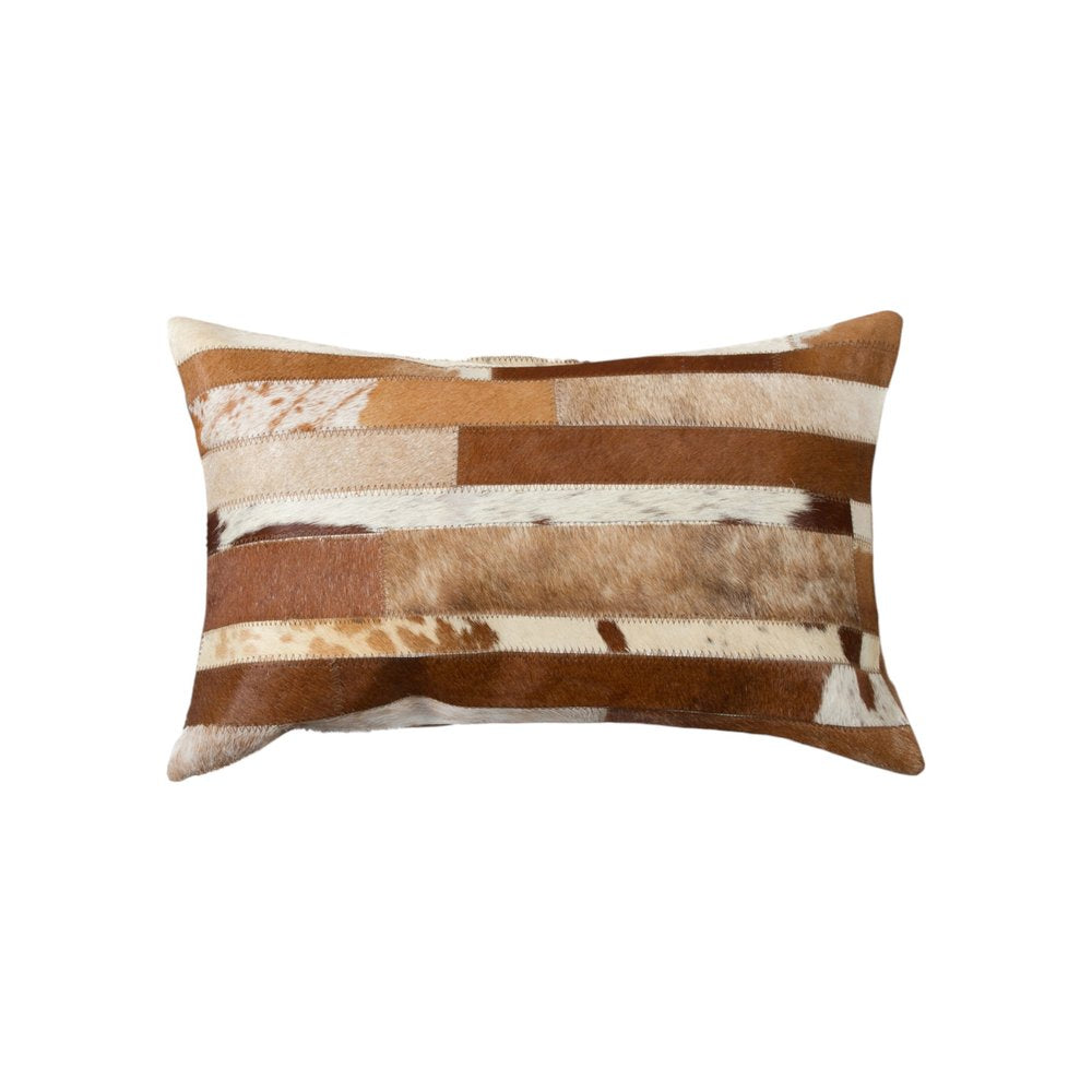 Set of Two 12" X 20" Brown and White Patchwork Cowhide Lumbar Throw Pillows — view 4