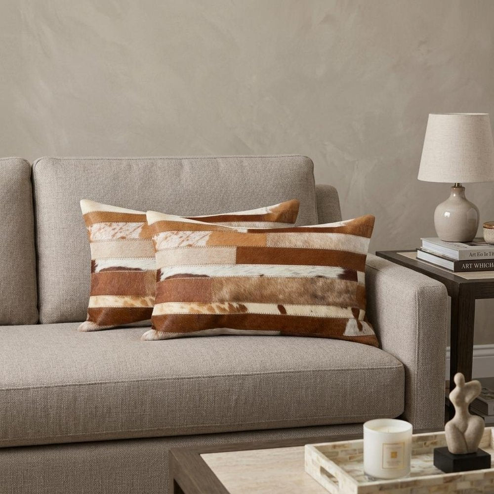 Set of Two 12" X 20" Brown and White Patchwork Cowhide Lumbar Throw Pillows — view 7