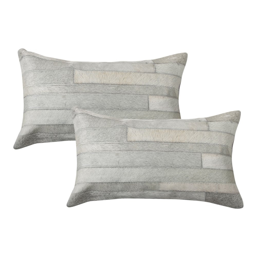 Set of Two 12" X 20" Gray Patchwork Cowhide Lumbar Throw Pillows — view 1
