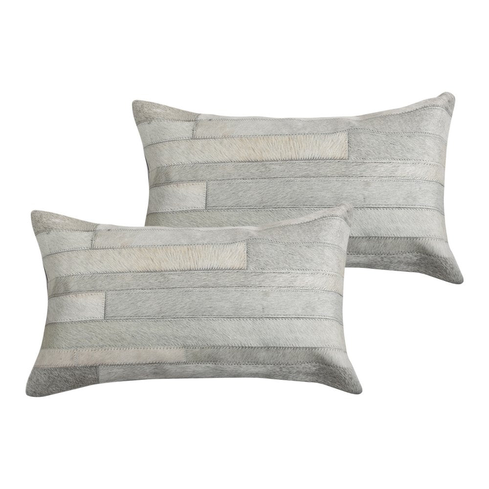 Set of Two 12" X 20" Gray Patchwork Cowhide Lumbar Throw Pillows — view 3