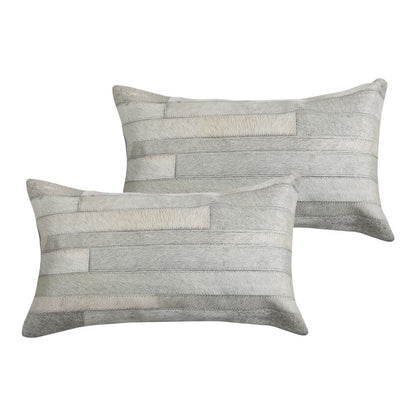 Set of Two 12" X 20" Gray Patchwork Cowhide Lumbar Throw Pillows