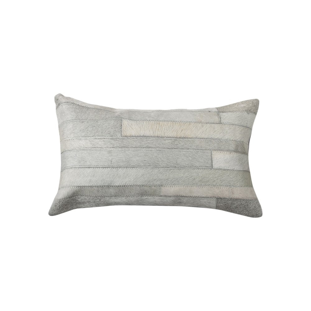 Set of Two 12" X 20" Gray Patchwork Cowhide Lumbar Throw Pillows