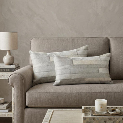 Set of Two 12" X 20" Gray Patchwork Cowhide Lumbar Throw Pillows