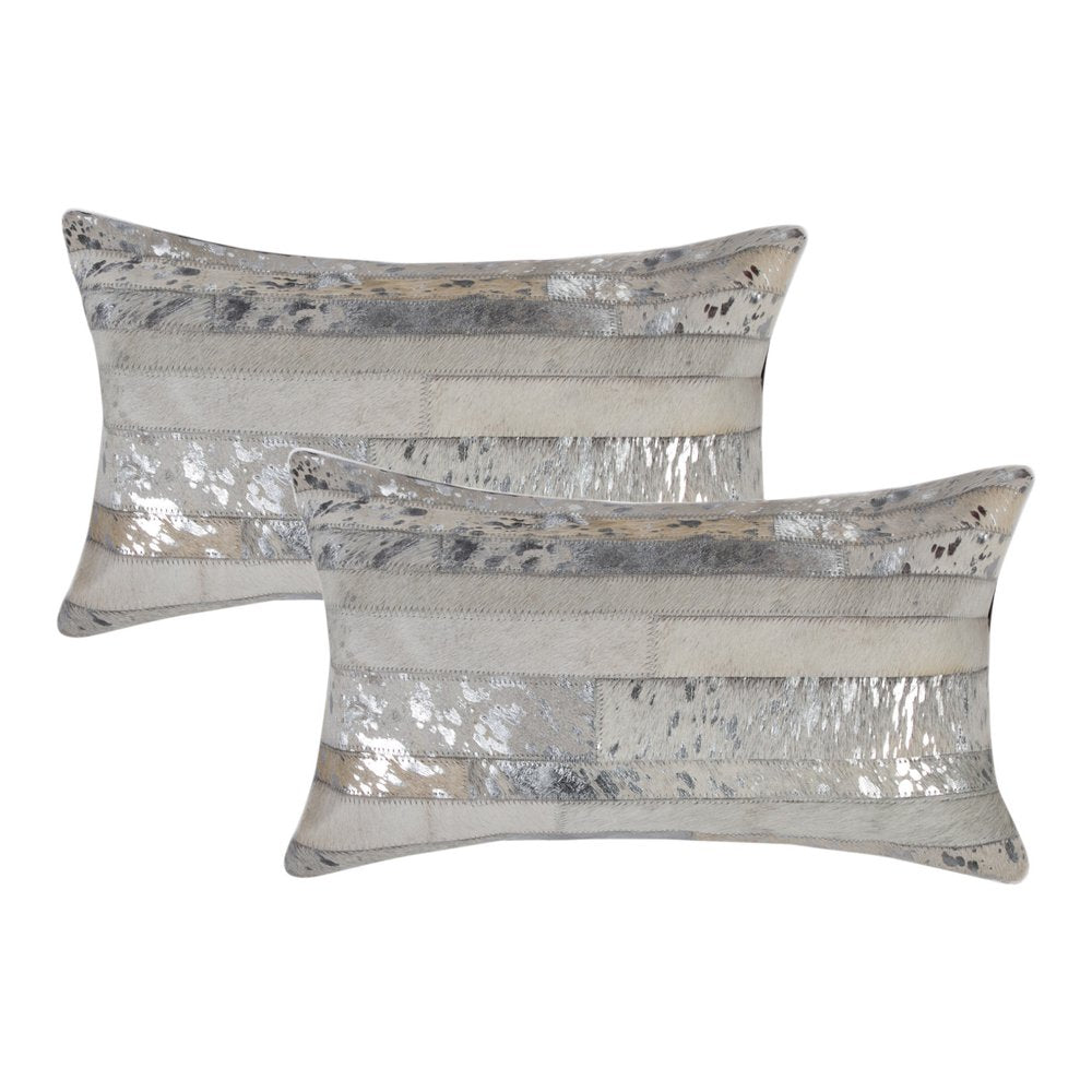 Set of Two 12" X 20" Gray and Silver Striped Cowhide Lumbar Throw Pillows with Glitter — view 1