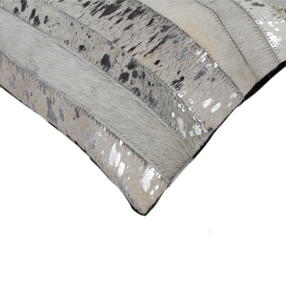 Set of Two 12" X 20" Gray and Silver Striped Cowhide Lumbar Throw Pillows with Glitter